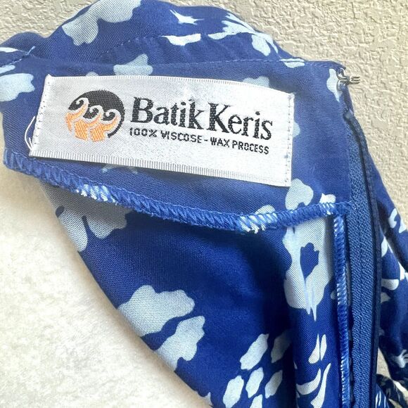Batik Keris Dress Sz Medium Kaftan Royal Blue Floral Print Tie Waist Wax Process - Picture 15 of 15